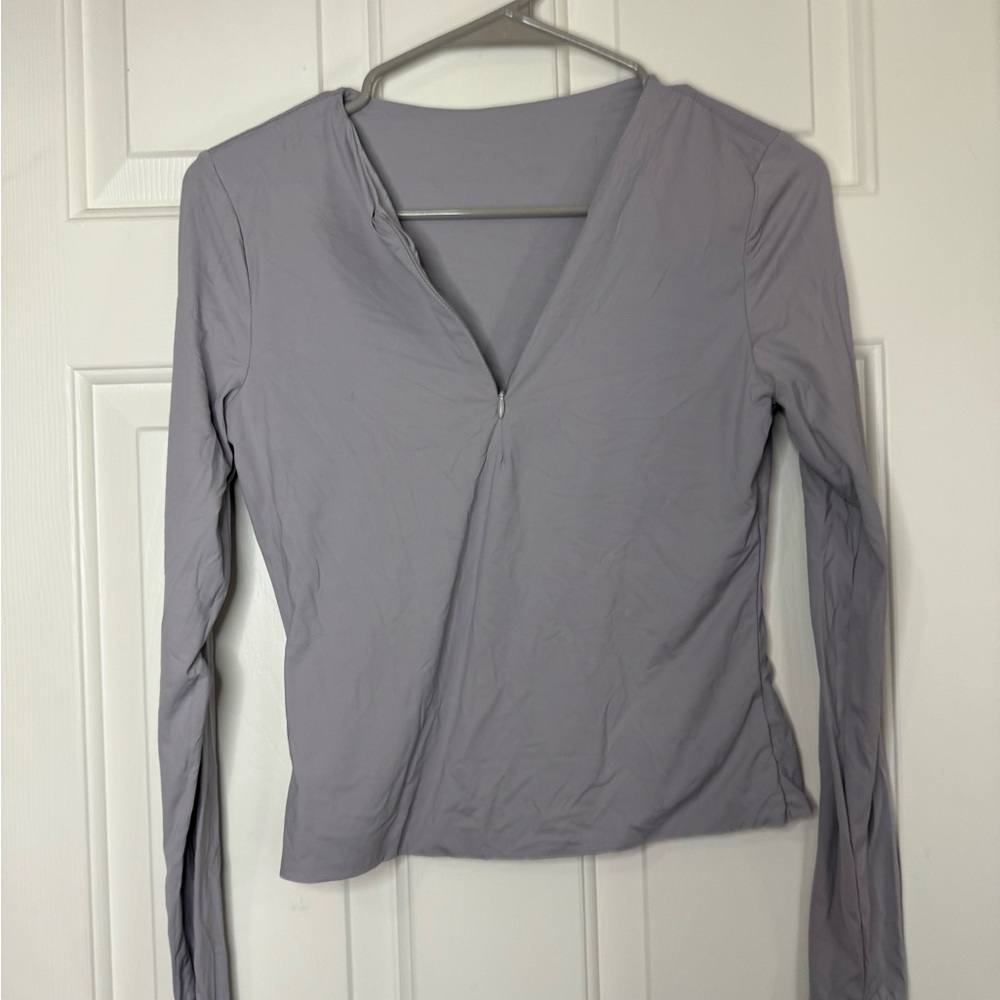 SHEIN Women's Long Sleeve V-Neck Top - Light Gray
